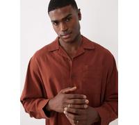 ASOS DESIGN - Camicia con rever squadrata oversize in misto lino marrone in coordinato 2XL