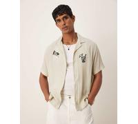 ASOS DESIGN - Camicia squadrata color pietra con colletto a rever e stampa-Neutro 2XL