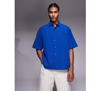 ASOS DESIGN - Camicia squadrata oversize blu con ricamo sul retro-Blu navy L