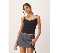 ASOS DESIGN - Canottiera nera a coste con bottoni e dettagli in pizzo-Nero XS