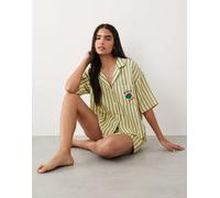 ASOS DESIGN completo camicia e shorts in garza di cotone intrecciata a maniche lunghe a righe giallo verde oliva-Nessun colore M