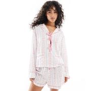 ASOS DESIGN - Completo pigiama con camicia e pantaloncini con fiocchi stampati e allacciatura frontale-Multicolore L