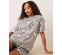 ASOS DESIGN - Completo pigiama oversize con T-shirt e pantaloncini grigi con lune e stelle-Multicolore S