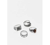 ASOS DESIGN - Confezione da 4 anelli avvolgenti tonalità argento con sigillo con pietra e a piuma S-M