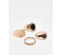 ASOS DESIGN - Confezione da 4 anelli dorati con sigillo con onice sintetica e occhio di tigre-Oro S-M