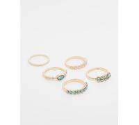 ASOS DESIGN - Confezione multipack di anelli dorati con pietre blu e perle sintetiche-Oro XS/S