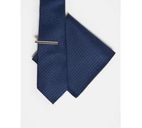 ASOS DESIGN - Cravatta e fazzoletto da taschino in raso blu navy testurizzato con fermacravatta No Size