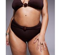 ASOS DESIGN Curve - Dora - Slip bikini premium sgambati a vita alta color cioccolato con cintura e perlina grande-Marrone 60