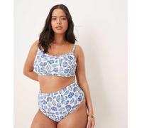 ASOS DESIGN Curve - Shelina - Slip bikini sgambati a vita alta con stampa di conchiglie-Blu 56