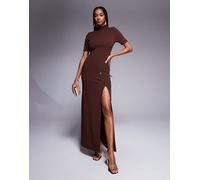 ASOS DESIGN Curve - Vestito lungo accollato marrone con maniche a 3/4, spacco e bottoni grandi oro L