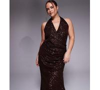 ASOS DESIGN Curve - Vestito lungo con scollo profondo color cioccolato con paillettes su tutto il capo-Marrone 56