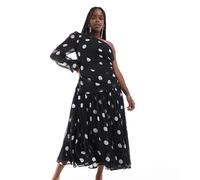 ASOS DESIGN Curve - Vestito lungo monospalla nero con manica lunga a palloncino e stampa a pois bianchi-Multicolore 56