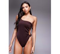 ASOS DESIGN - Dora - Costume con cut-out monospalla premium color cioccolato con perline grandi-Marrone 36