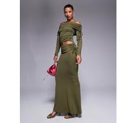 ASOS DESIGN - Gonna lunga premium in modal verde oliva con fondo a sirena, risvolto in vita e arricciatura laterale 48