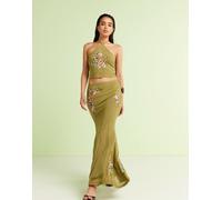 ASOS DESIGN - Gonna lunga verde con fondo a sirena e ricamo in coordinato 36