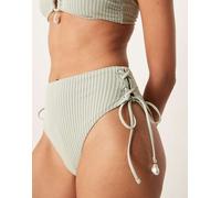 ASOS DESIGN - Kai - Slip bikini sgambati a vita alta verde salvia testurizzati con allacciature e finiture con perle 38