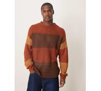ASOS DESIGN - Maglione girocollo comodo marrone testurizzato a righe in maglia traforata L