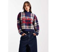 ASOS DESIGN - Maglione squadrato blu navy a quadri con scritta Feliz Navidad e scollo a V alto L