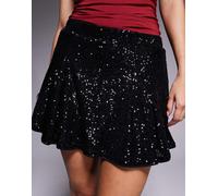 ASOS DESIGN - Minigonna svolazzante nera con godet e paillettes-Nero 44