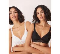ASOS DESIGN - Minnie - Confezione da 2 reggiseni morbidi in cotone nero e bianco con fascia inferiore in pizzo-Multicolore XS