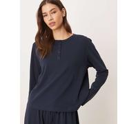 ASOS DESIGN - Mix & Match - Top del pigiama a maniche lunghe in cotone blu navy con scollo serafino XS
