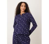 ASOS DESIGN - Mix & Match - Top del pigiama a maniche lunghe in cotone blu navy con stampa di fiocchi e scollo serafino-Verde S
