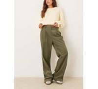 ASOS DESIGN - Pantaloni a fondo ampio con orlo con risvolto a coste kaki-Verde 36