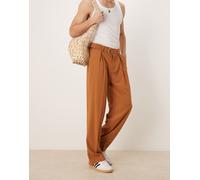 ASOS DESIGN - Pantaloni eleganti a fondo ampio effetto lino color ruggine con pieghe sul davanti-Arancione W32 L30