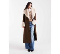 ASOS DESIGN - Penny Lane - Cappotto testurizzato taglio lungo marrone con finiture in pelliccia sintetica L