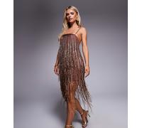 ASOS DESIGN Petite - Vestito con spalline sottili corto color cioccolato con frange e perline-Marrone 46