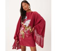 ASOS DESIGN Petite - Vestito corto a maniche lunghe rosa con fiori ricamati e frange 36