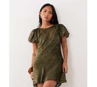 ASOS DESIGN Petite - Vestito corto in velluto dévoré color oliva con stampa animalier e maniche a sbuffo-Verde 34