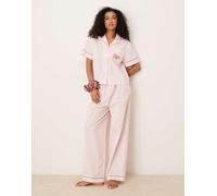 ASOS DESIGN - Pigiama a maniche corte color rosa a righe con ricamo "Coffee Break" 42