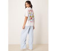 ASOS DESIGN - Pigiama con t-shirt oversize e pantaloni a fondo ampio con stampa "Breakfast Lovers"-Bianco L