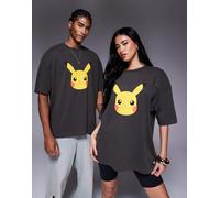ASOS DESIGN - Pokémon - T-shirt unisex oversize nero slavato con stampe "Pikachu" XS