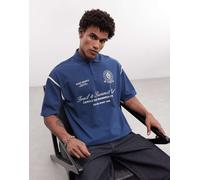 ASOS DESIGN - Polo oversize in piqué pesante blu navy con profili a contrasto e grafica stile calcio L