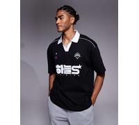 ASOS DESIGN - Polo oversize nera con profili a contrasto e grafiche sportive-Nero L