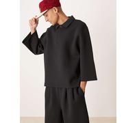 ASOS DESIGN - Polo pesante comoda nera con maniche a 3/4 in tessuto effetto scuba in coordinato-Nero M