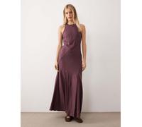 ASOS DESIGN - Prendisole lungo in misto lino color prugna con scollo a vogatore e godet-Rosso 38