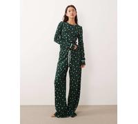 ASOS DESIGN - Set regalo con pigiama a maniche lunghe e pantaloni a fondo ampio verde con stampa di stelle-Blu navy XS