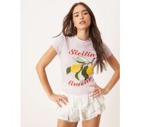 ASOS DESIGN - T-shirt corta e stretta lilla a quadretti con grafica "Sicilia limone"-Multicolore S