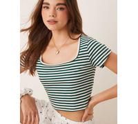 ASOS DESIGN - T-shirt del pigiama aderente mix & match verde a righe con finiture a festoncino M