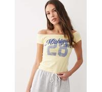 ASOS DESIGN - T-shirt mini con spalle scoperte color latticello con stampa Michigan-Multi M