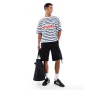 ASOS DESIGN - T-Shirt oversize squadrata con spalle scese a coste e righe con stampa sportiva-Multicolore L