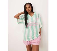 ASOS DESIGN - T-shirt oversize verde a righe con scollo a V e stampa “Mallorca”-Multicolore L