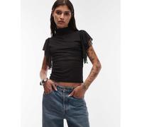 ASOS DESIGN - Top a collo alto in tessuto a rete semitrasparente nero con volant sulle maniche M