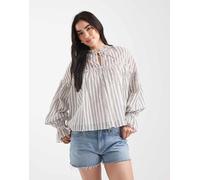 ASOS DESIGN - Top a maniche lunghe stile grembiule rigato stropicciato allacciato sul collo e con volant-Multicolore 40