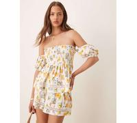 ASOS DESIGN - Top arricciato con stampa di cartoline e scollo Bardot-Multicolore L