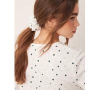 ASOS DESIGN - Top del pigiama a maniche lunghe mix & match verde a fiorellini con scollo serafino ed elastico per capelli-Bianco M