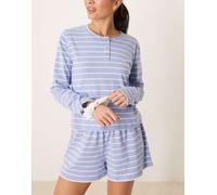 ASOS DESIGN - Top del pigiama con scollo serafino blu a righe mix & match a maniche lunghe con elastico per capelli a fiorellini L